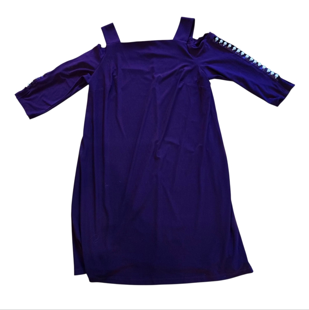 Elegant Purple Cold Shoulder Dress with open beaded sleeves. 1X